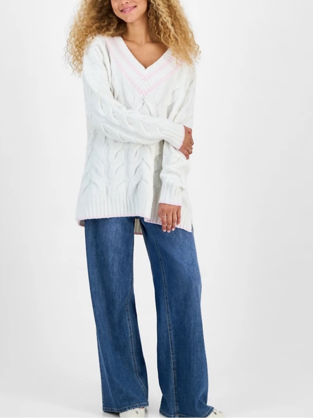 Hippie Rose Light Gray V-Neck Cable Knit Sweater.          #13